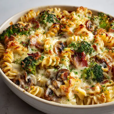 Un délicieux gratin au reblochon et champignons, prêt à déguster.