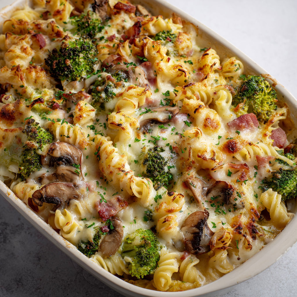 Gratin crémeux pâtes reblochon, champi et lardons.