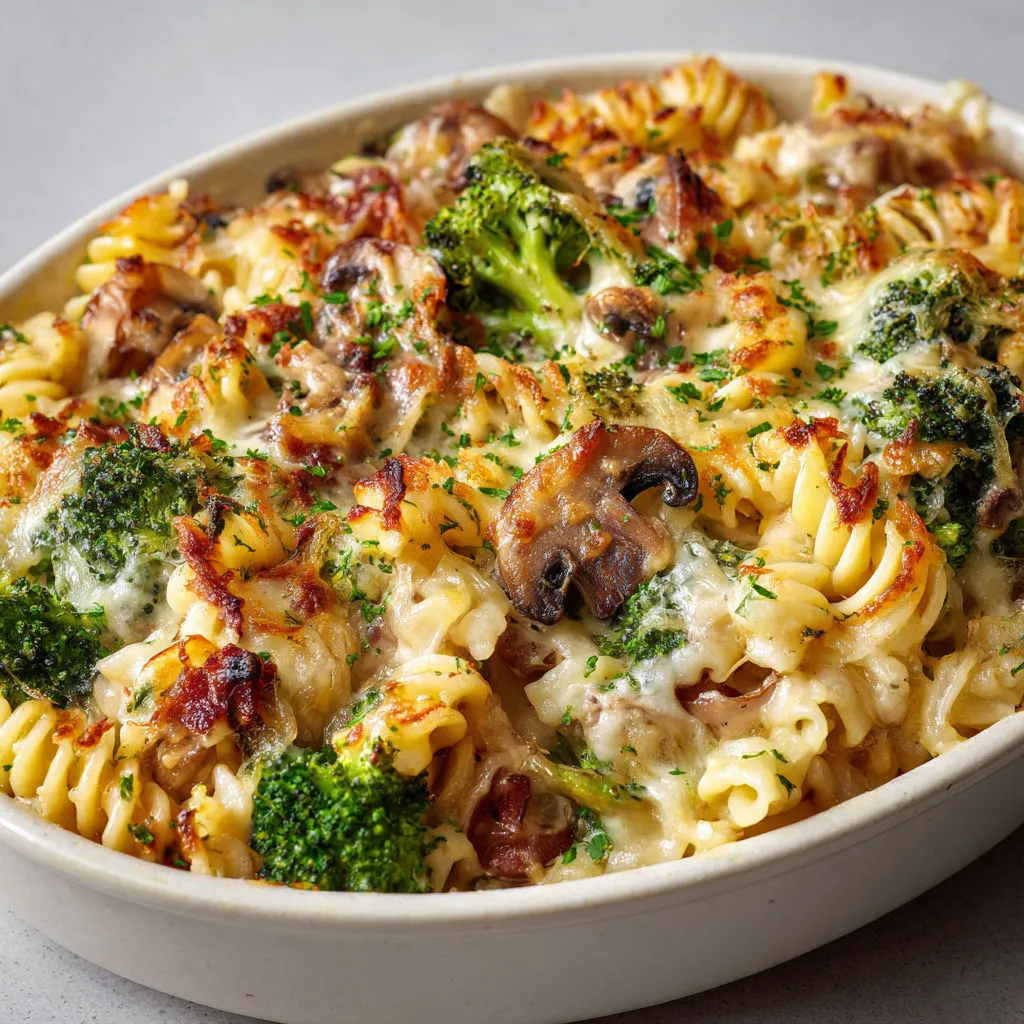 Pâtes gratinées reblochon, lardons, champis et herbes.
