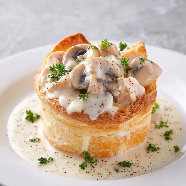 Des feuilletés dorés garnis de champignons et volaille sur un plat joliment présenté.