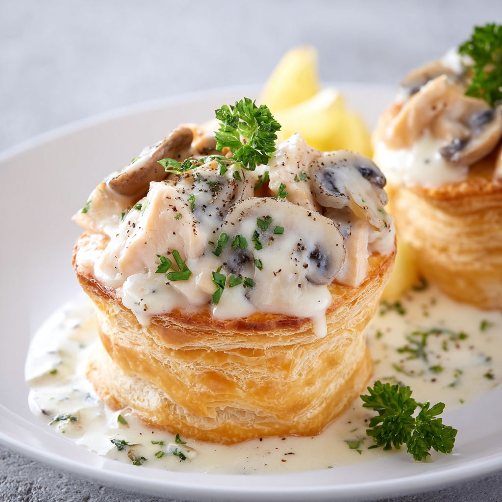 Bouchées feuilletées gourmandes au poulet et champignons avec crème.
