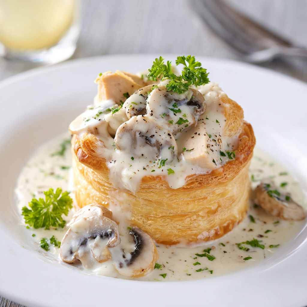Vol-au-vent généreux au poulet, champignons et sauce toute douce.