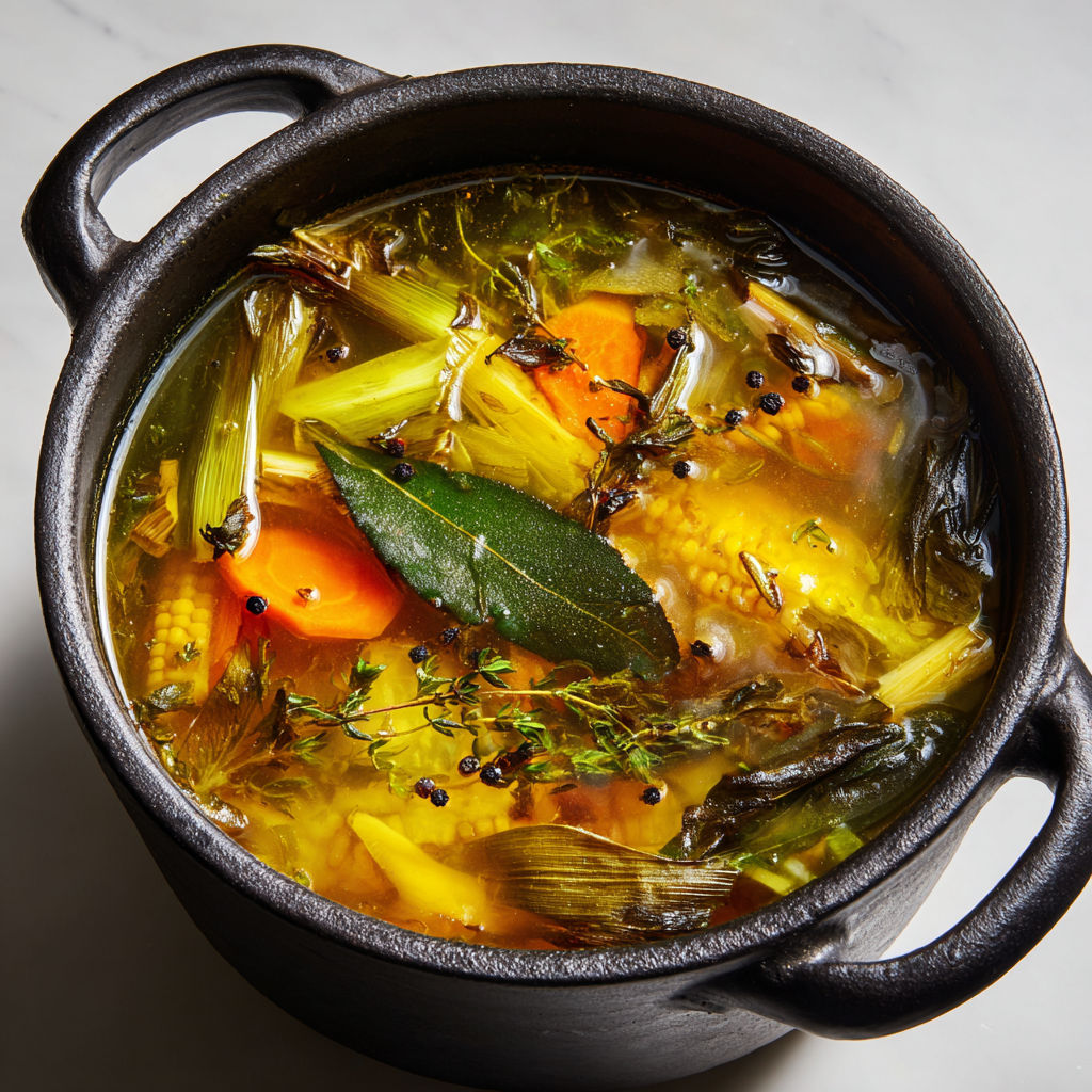 Bol noir rempli d'un bouillon maison avec verts de poireaux et épluchures.