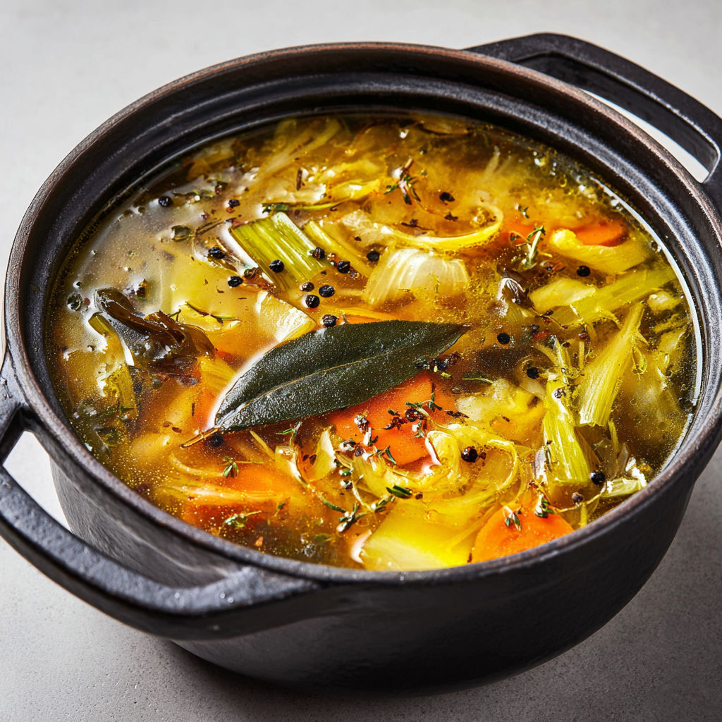 Bouillon maison anti-gaspi aux épluchures et verts de poireaux.