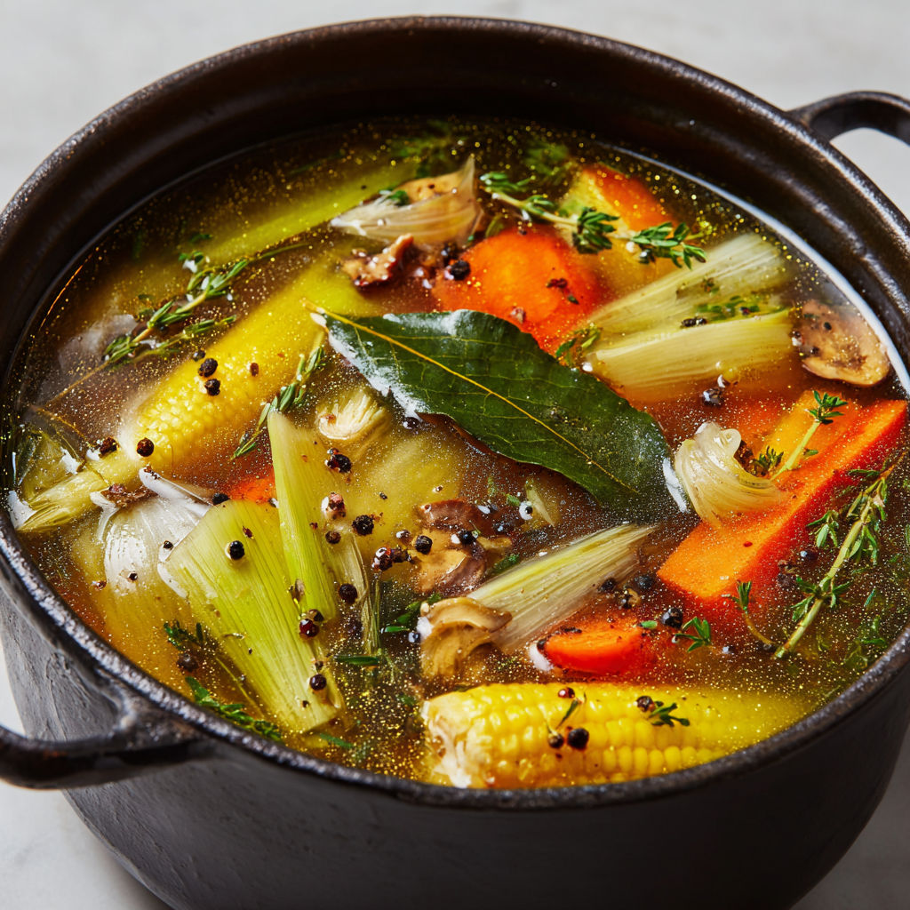 Bouillon zéro déchet parfumé aux épluchures de légumes et herbes.