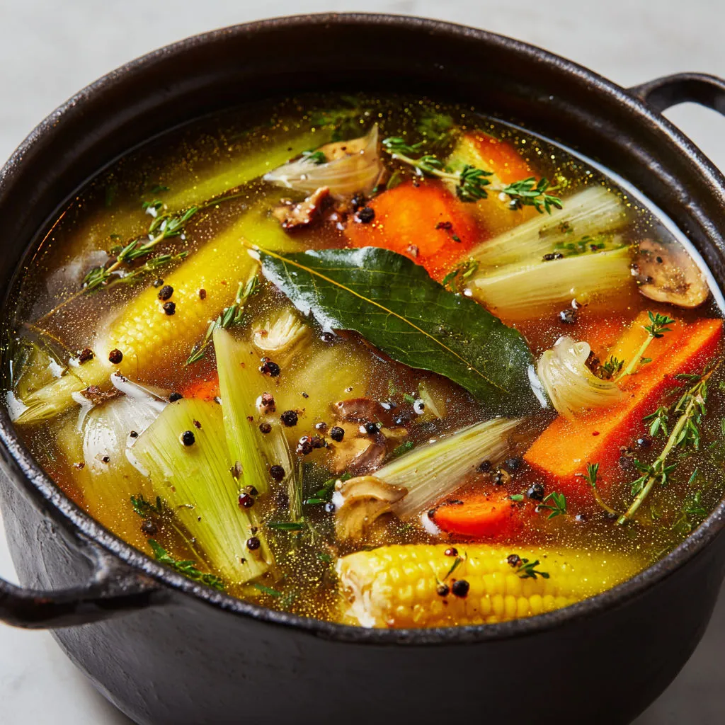 Bouillon zéro déchet parfumé aux épluchures de légumes et herbes.