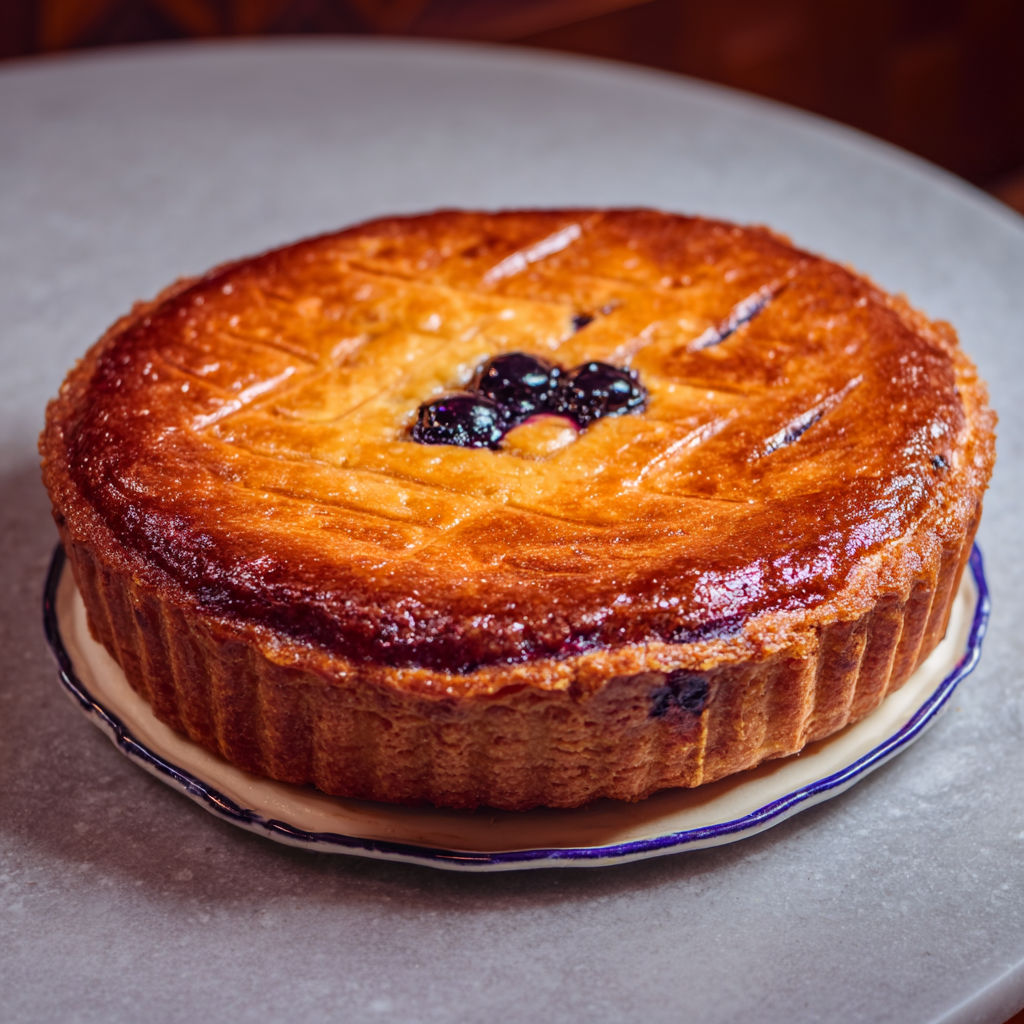 Un appétissant gâteau basque avec des myrtilles présenté sur un plateau.