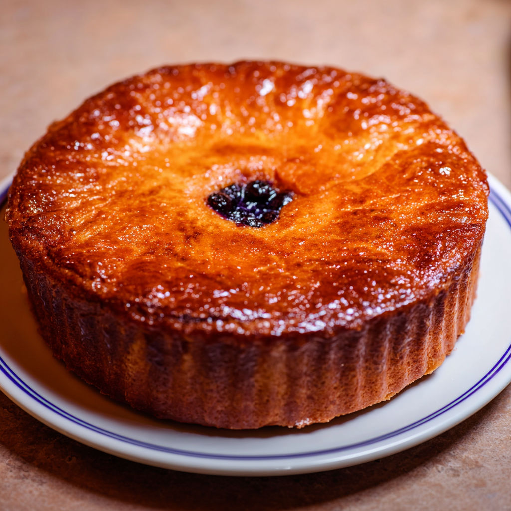 Un gâteau basque à la myrtille posé sur un plateau.