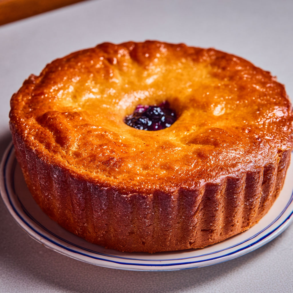 Un gâteau basque à la myrtille servi sur un plateau.