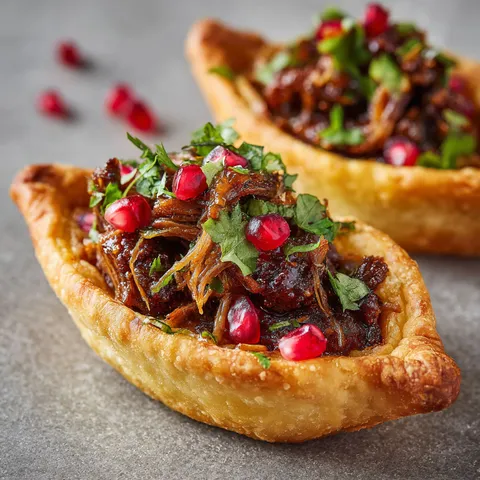 Délicieuses barquettes à l’agneau mijoté et épices.