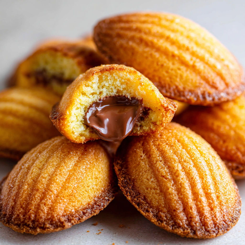 Pile gourmande de madeleines dorées avec Nutella coulant et zeste de citron.