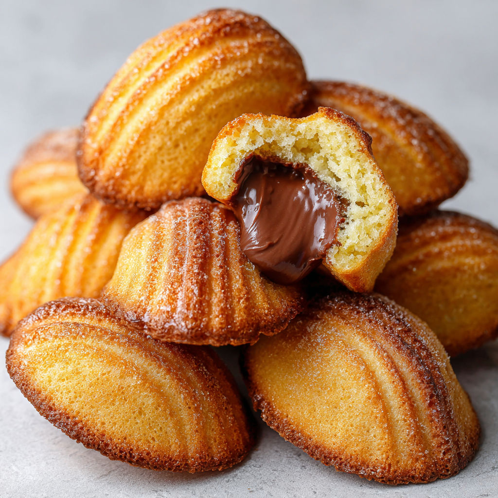 Madeleines ultra moelleuses fourrées chocolat-noisette.