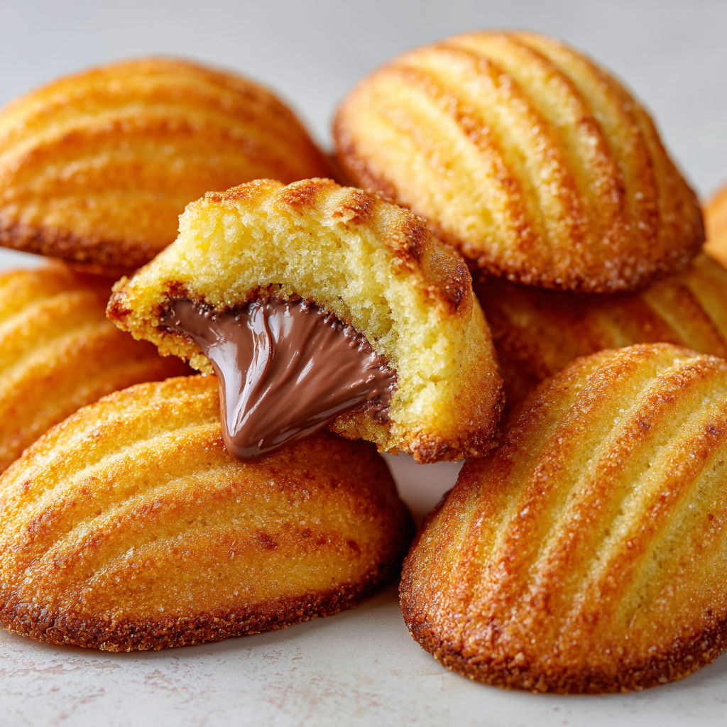 Madeleines maison fourrées cœur chocolat-noisette.