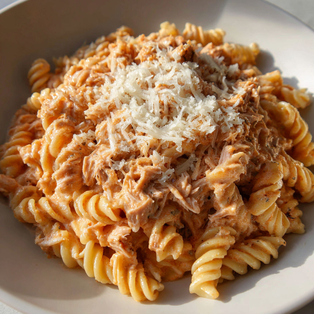 Assiette de pâtes au thon nappée d'une sauce tomate et décorée d'herbes fraîches posée sur une table.