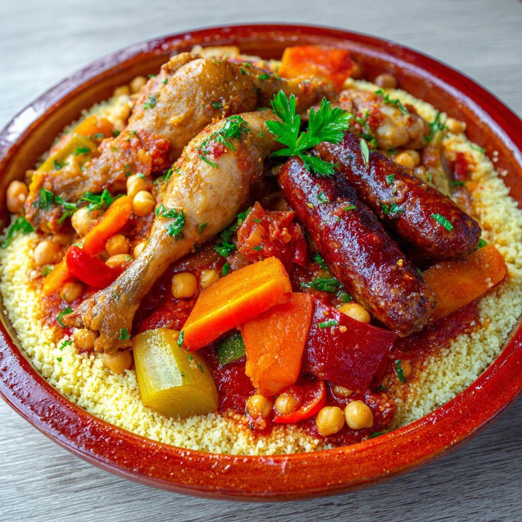 Un délicieux plat de poulet, merguez et légumes servi dans un joli bol coloré.