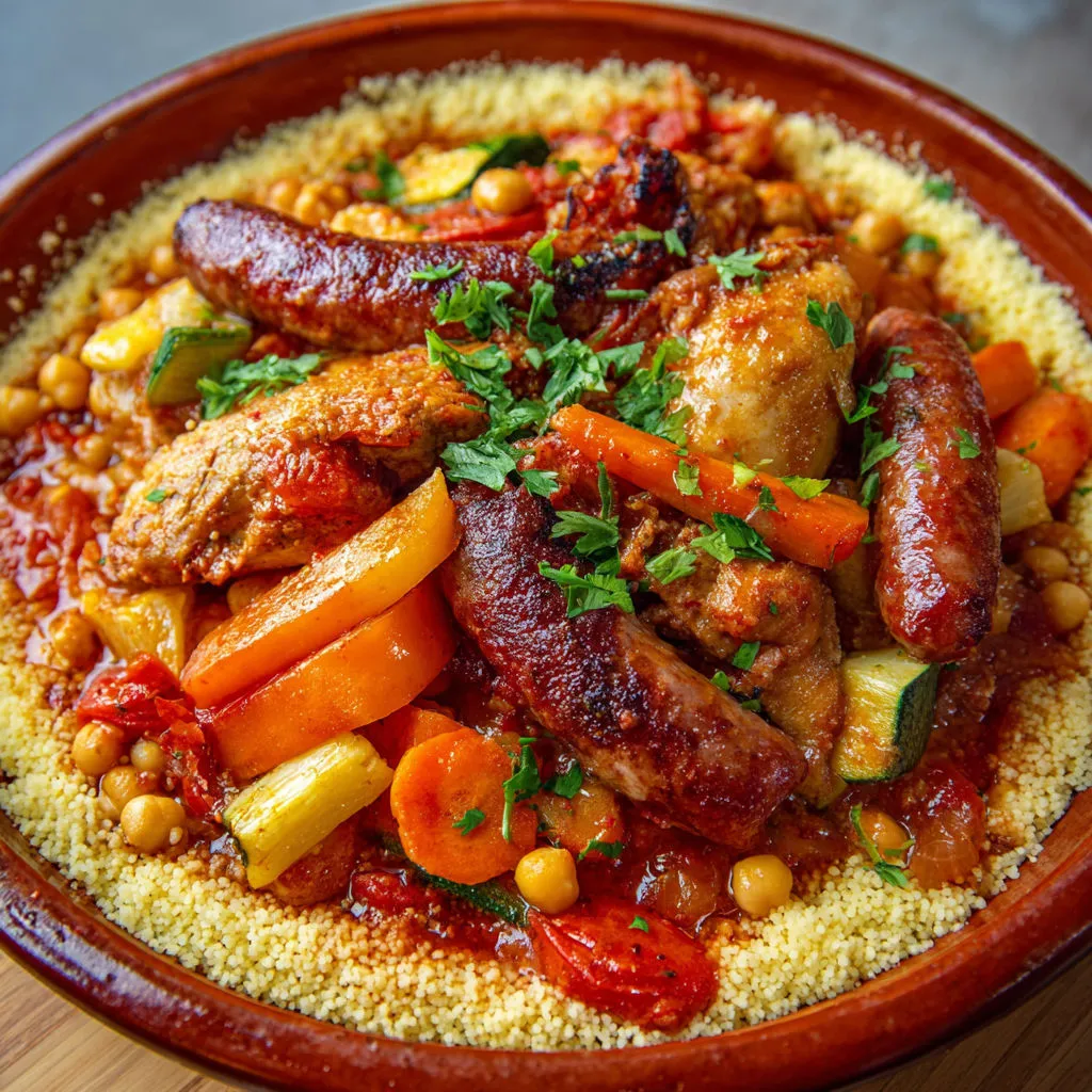 Un plat simple de poulet et merguez avec légumes, bien coloré, servi dans un bol éclatant.