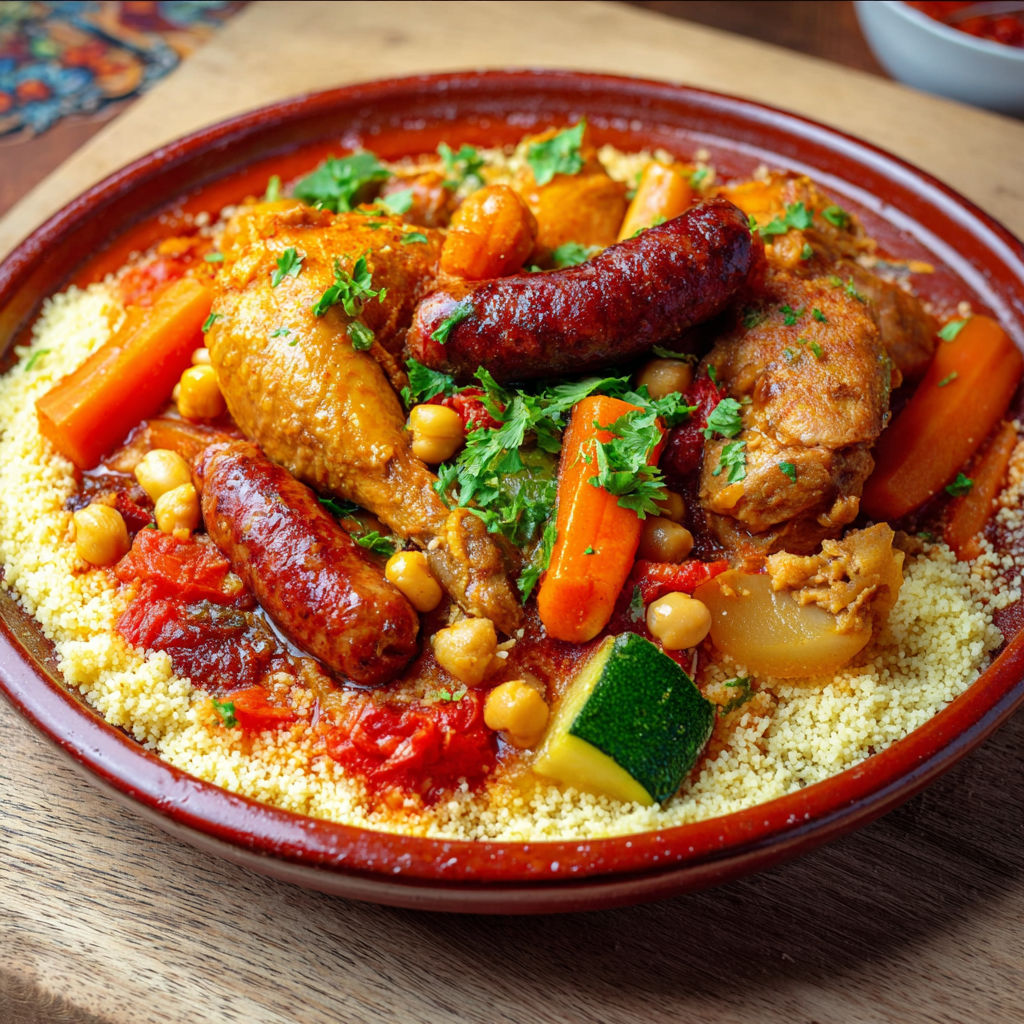 Une cocotte de poulet et merguez, garnie de légumes et herbes, dans un bol éclatant.