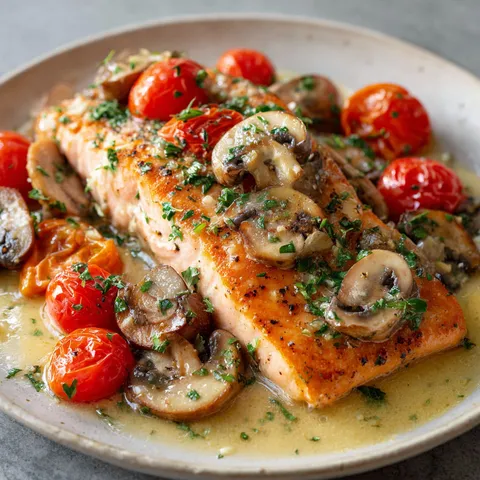 Du saumon cuit avec des légumes et une sauce au citron, présenté simplement.