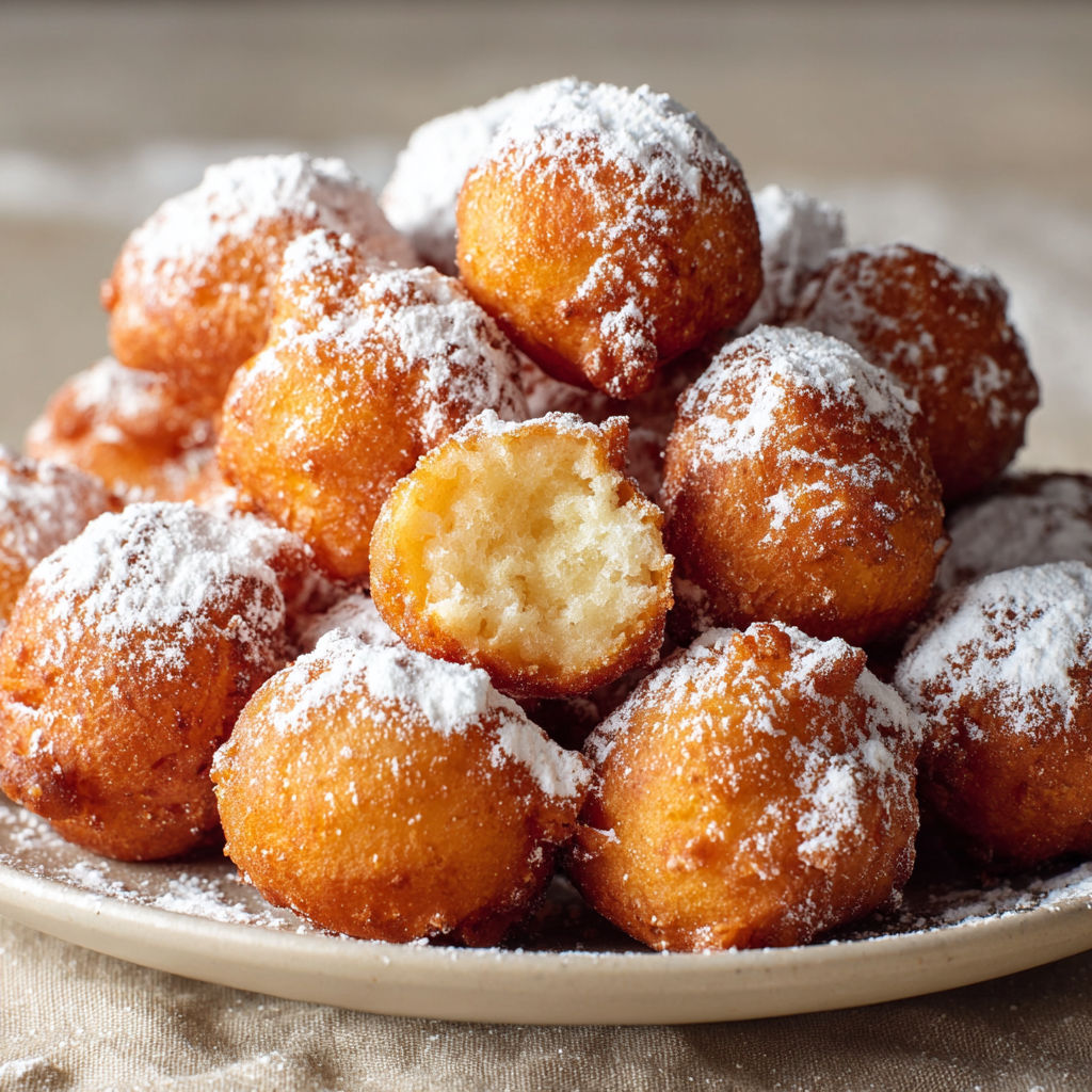 Petits beignets suisses ultra moelleux saupoudrés de sucre glace.
