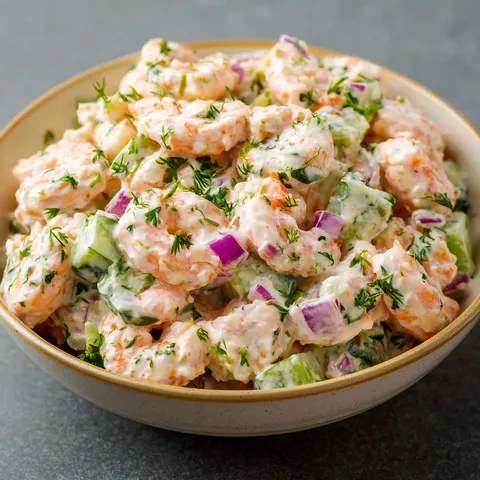 Plat avec crevettes fraîches et légumes croquants, idéal pour un repas d'été.