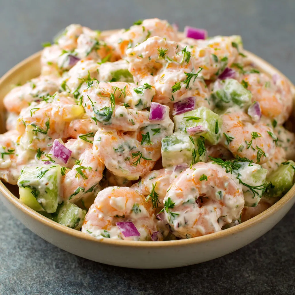Salade crémeuse aux crevettes, concombre et céleri.