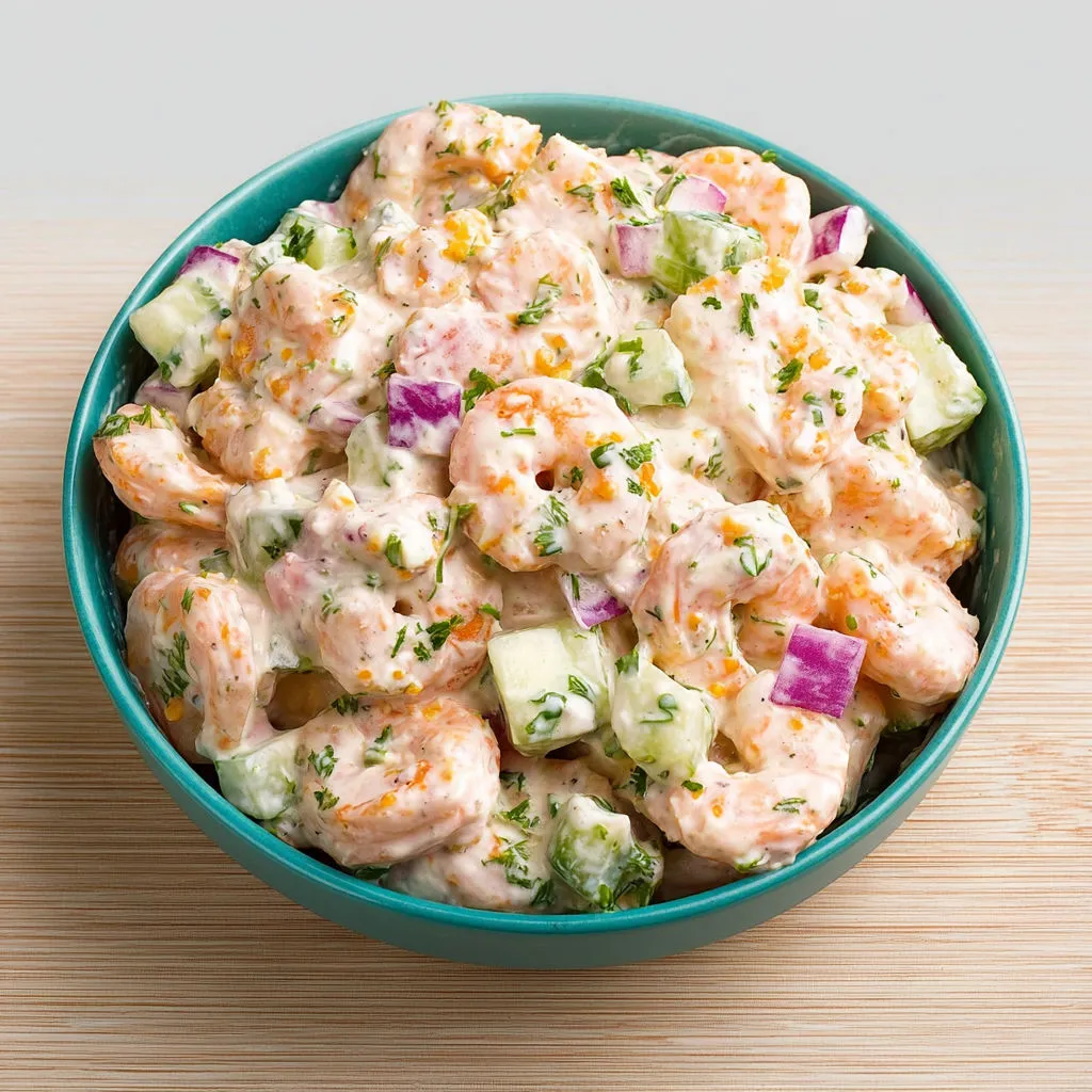 Délicieuse salade de crevettes, sauce citron moutarde.