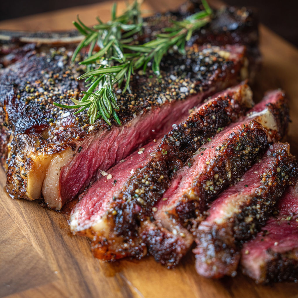 Un morceau de bœuf grillé avec sel et herbes.