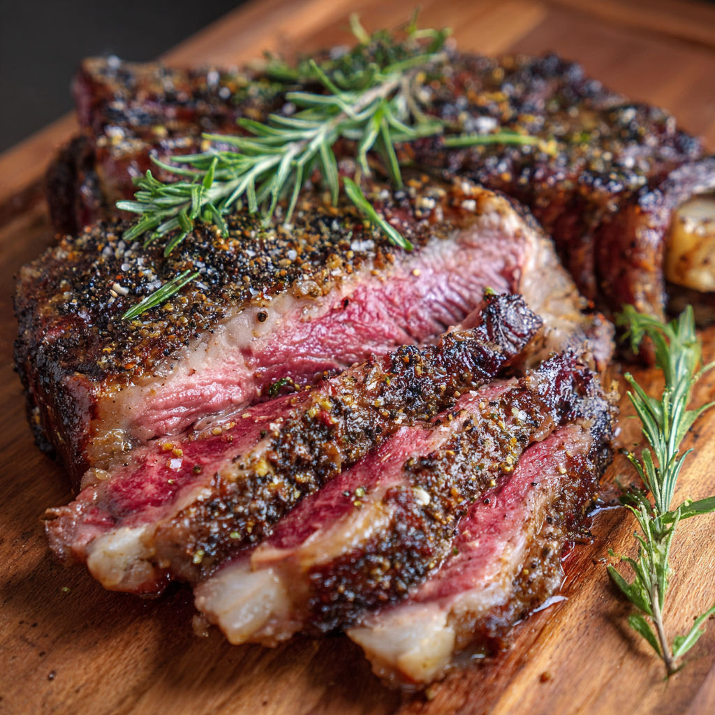 Côte de Bœuf grillée au feu de bois, gros sel et herbes.