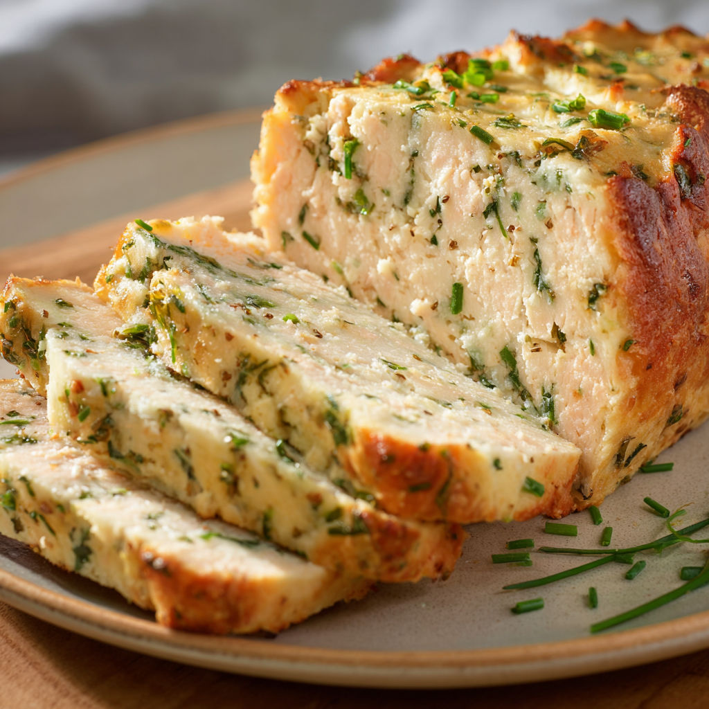 Pain de poisson généreusement garni d'herbes ciselées, dans une assiette.