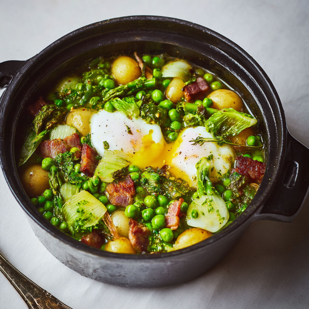 Une cocotte généreuse de légumes accompagnée d'œufs pochés, inspirée d’Hélène Darroze.