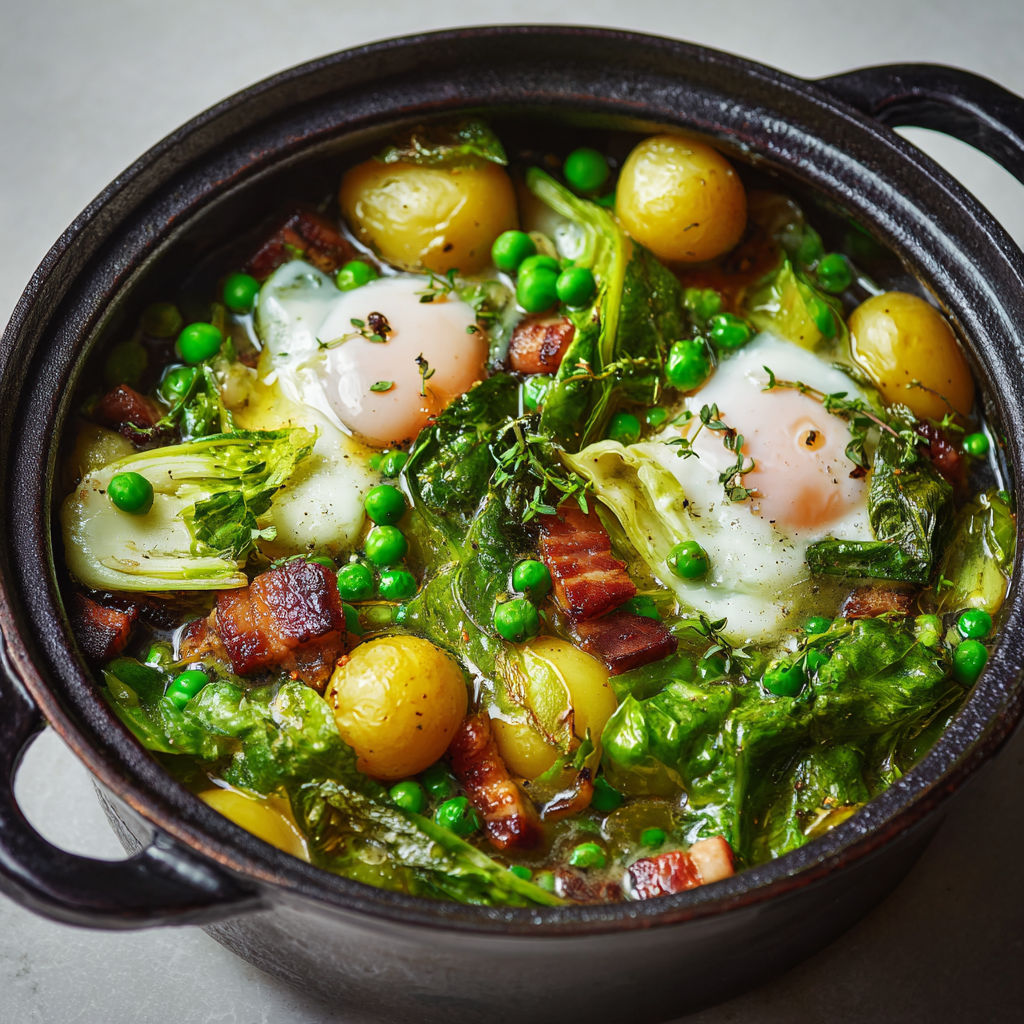 Cocotte printanière petits pois, ventrèche et œufs pochés ultra gourmands.