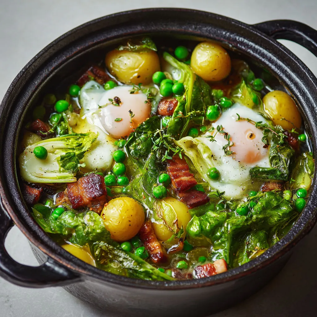 Cocotte printanière petits pois, ventrèche et œufs pochés ultra gourmands.