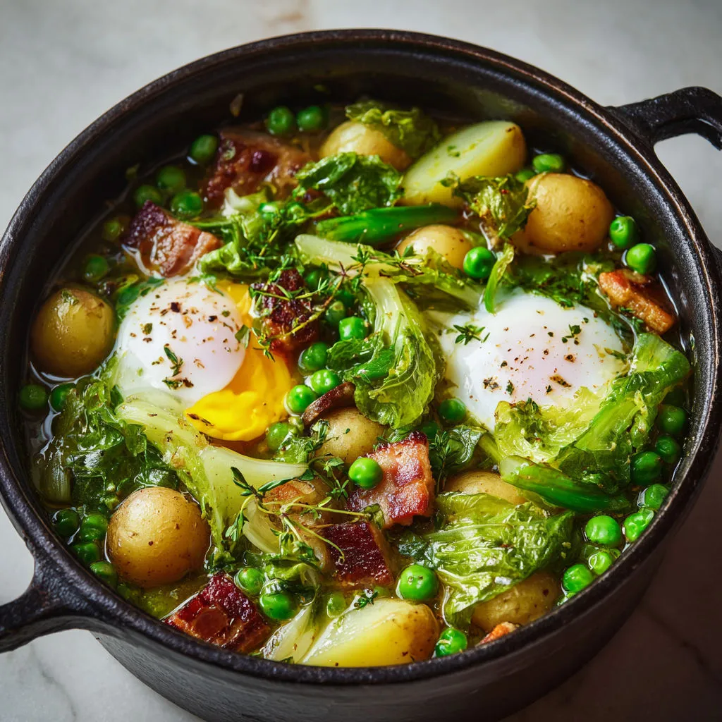 Cocotte fraîcheur légumes verts et œufs pochés fondants.