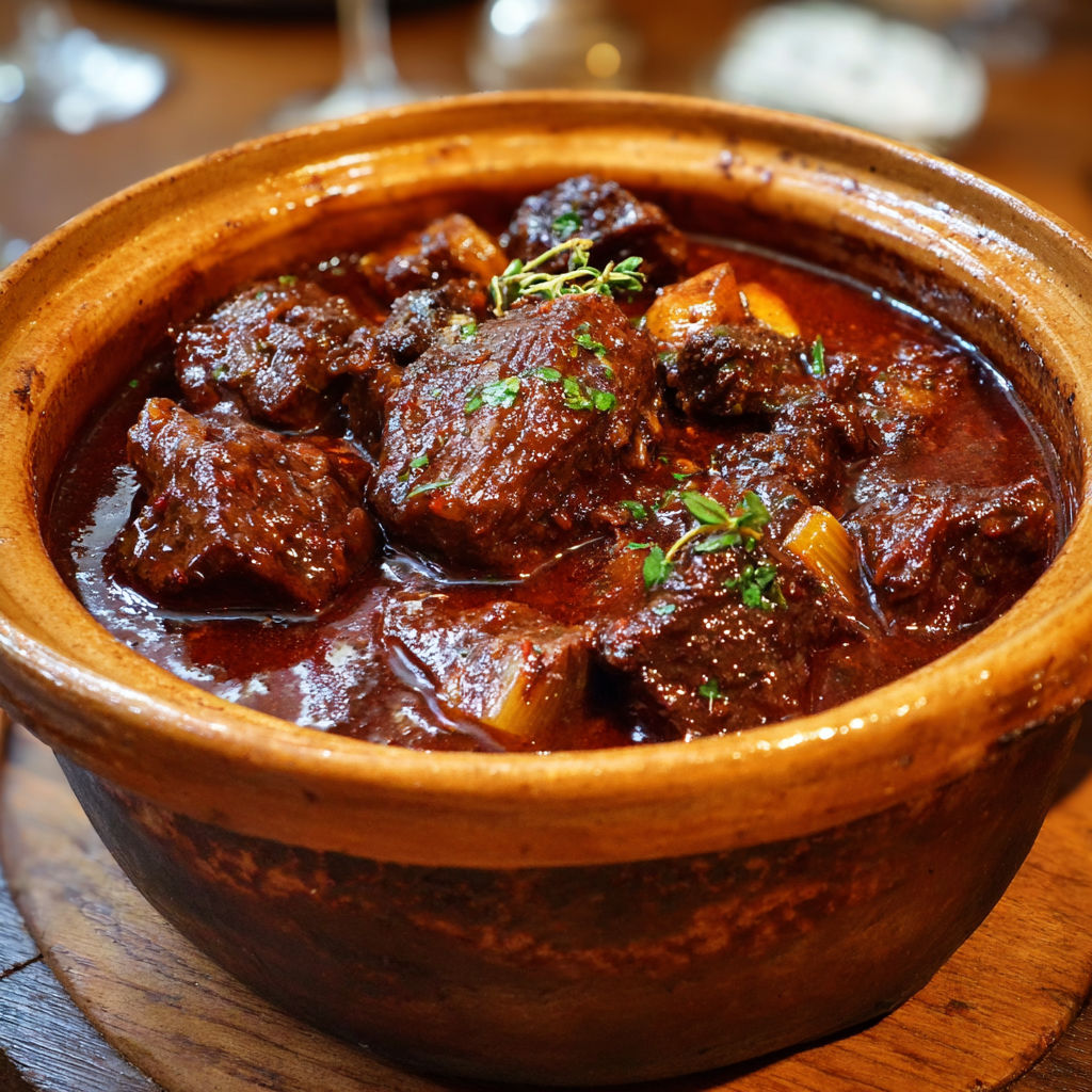 Cocotte fumante remplie de bœuf au vin rouge sur une table prête à servir.
