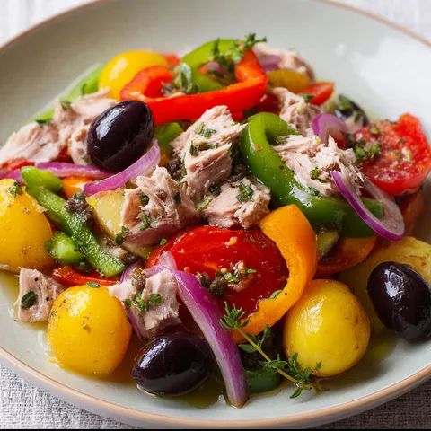 Une assiette pleine de couleurs avec des légumes frais, du thon et une huile parfumée.