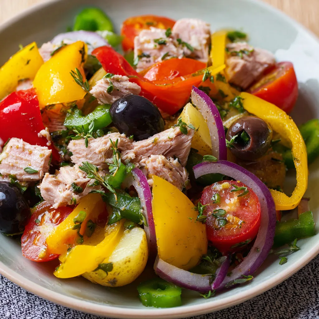 Poivrons et tapenade : salade niçoise élégante et gourmande.