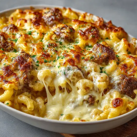 Un délicieux gratin de pâtes crémeuses avec fromage à raclette.