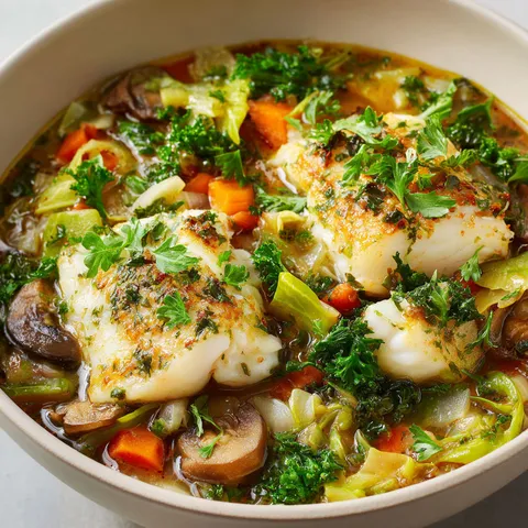 Bol de merlan tendre et légumes savoureux dans un bouillon.