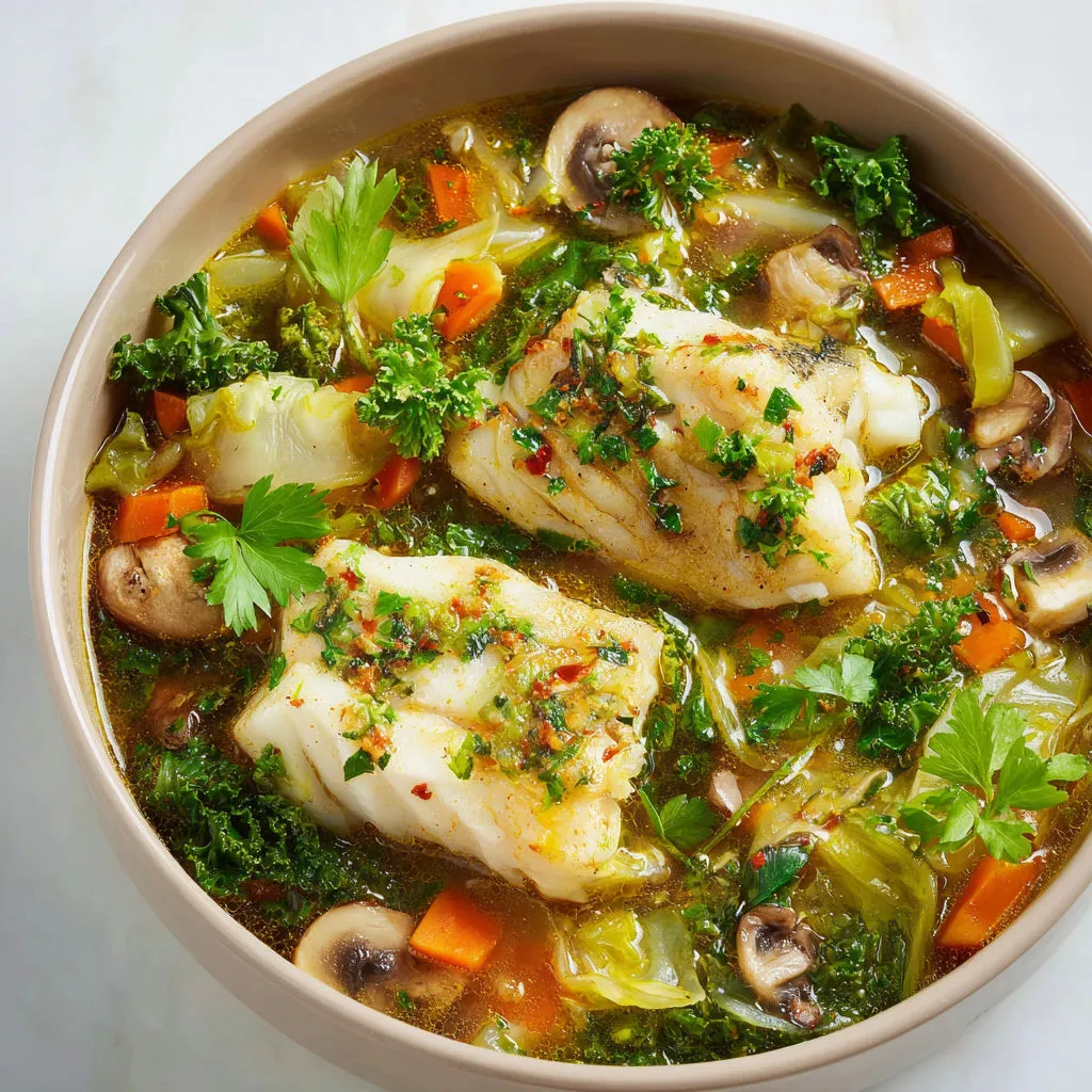 Merlan tendre et légumes dans leur bouillon.