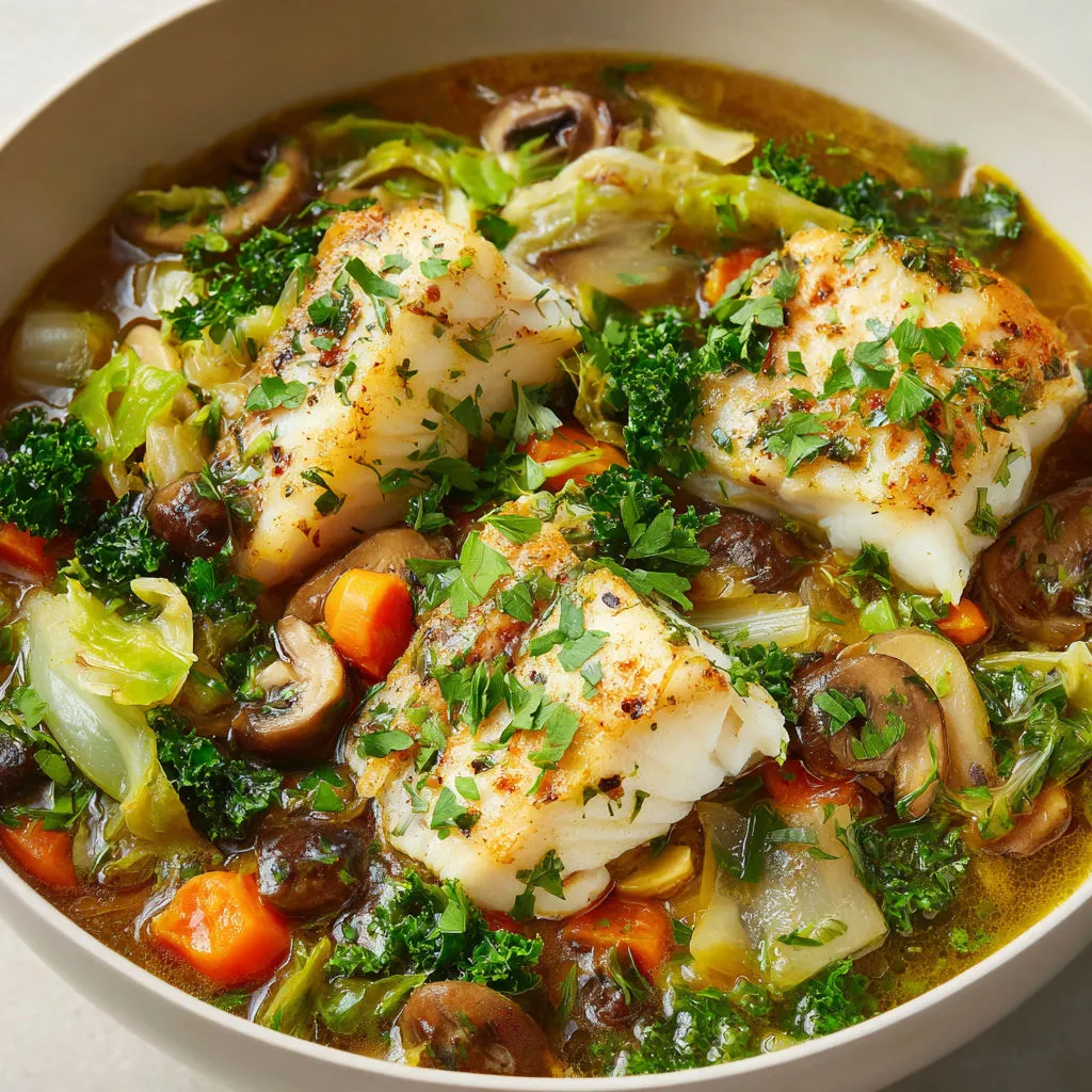 Filets de merlan dorés au bouillon légumes.