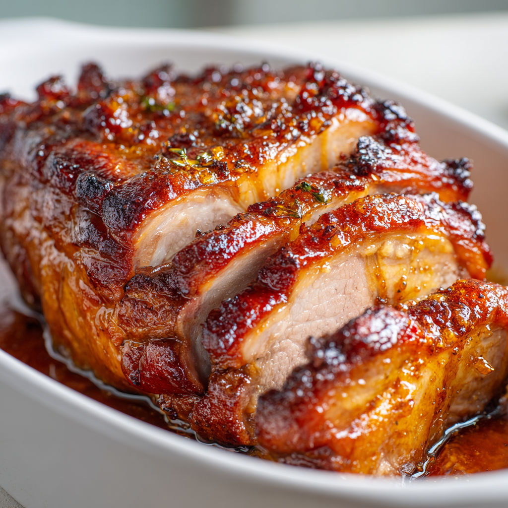 Porcelet miel et épices doré, joliment dressé dans un plat.