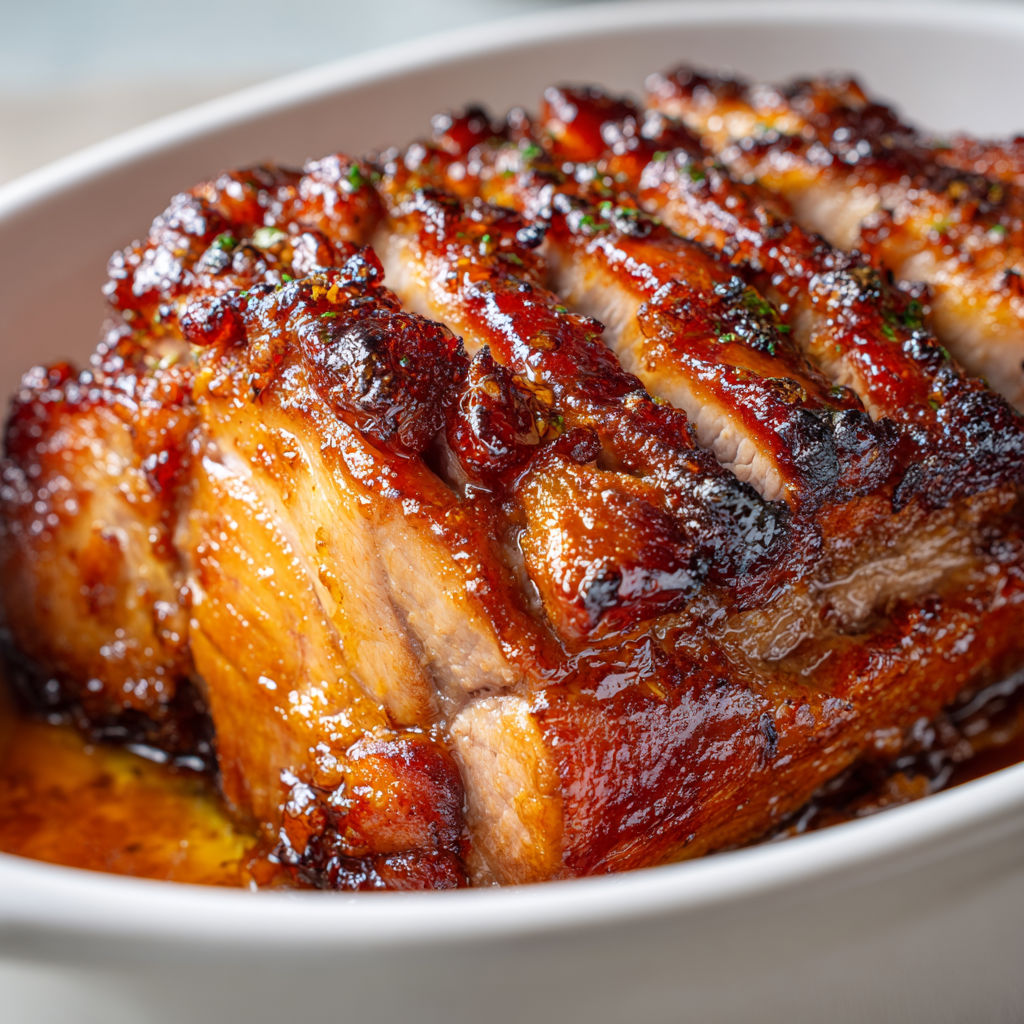 Porcelet rôti croustillant au miel et épices, peau dorée, chair moelleuse.