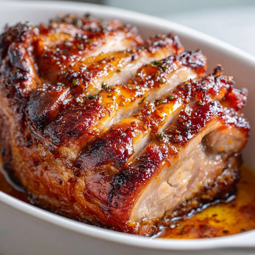 Un beau rôti de porcelet caramélisé au miel, parfumé aux épices, vraiment appétissant.