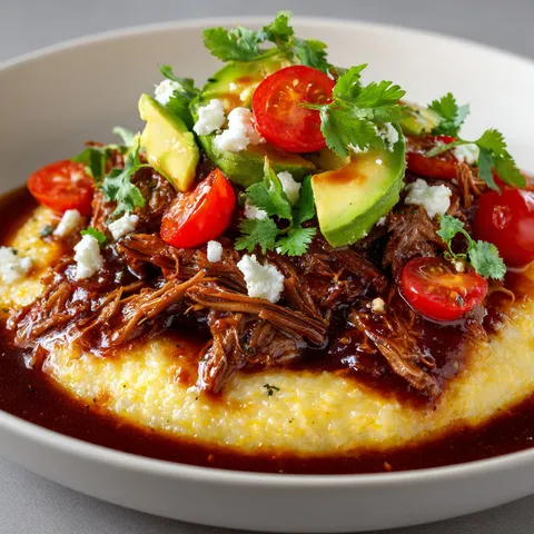 Assiette composée de polenta crémeuse et bœuf effiloché accompagné de légumes frais.