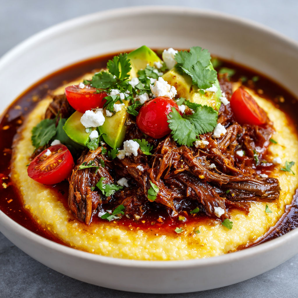 Bœuf effiloché épicé sur polenta crémeuse, accompagné de garnitures fraîches et colorées, parfait à partager.