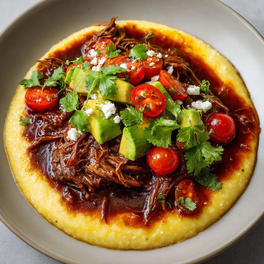 Bœuf effiloché savoureux et polenta extra moelleuse, une assiette pleine de couleurs et de textures.