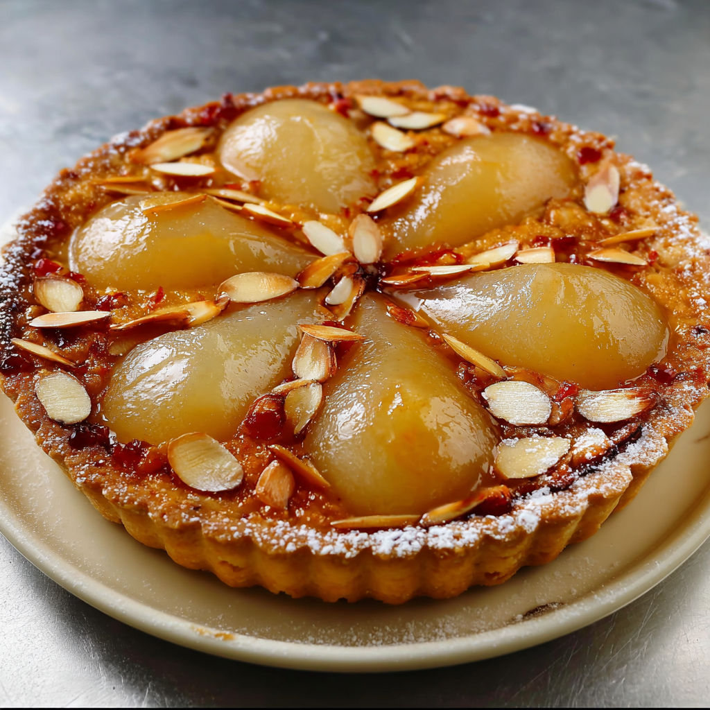 Gourmandise Bourdaloue aux poires tendres, associée à une crème douce et un saupoudrage sucré