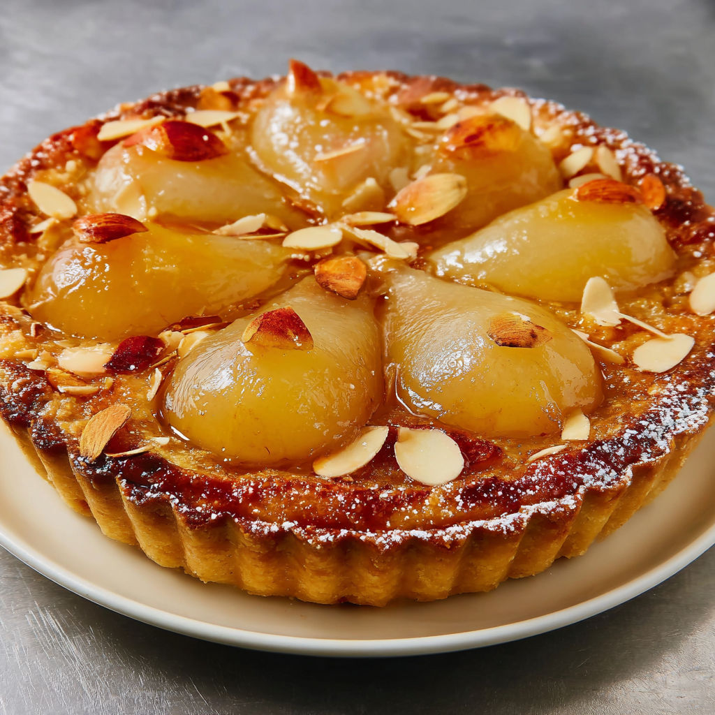 Tarte Bourdaloue avec poires moelleuses et crème d’amandes, crumble dessus tout croustillant.
