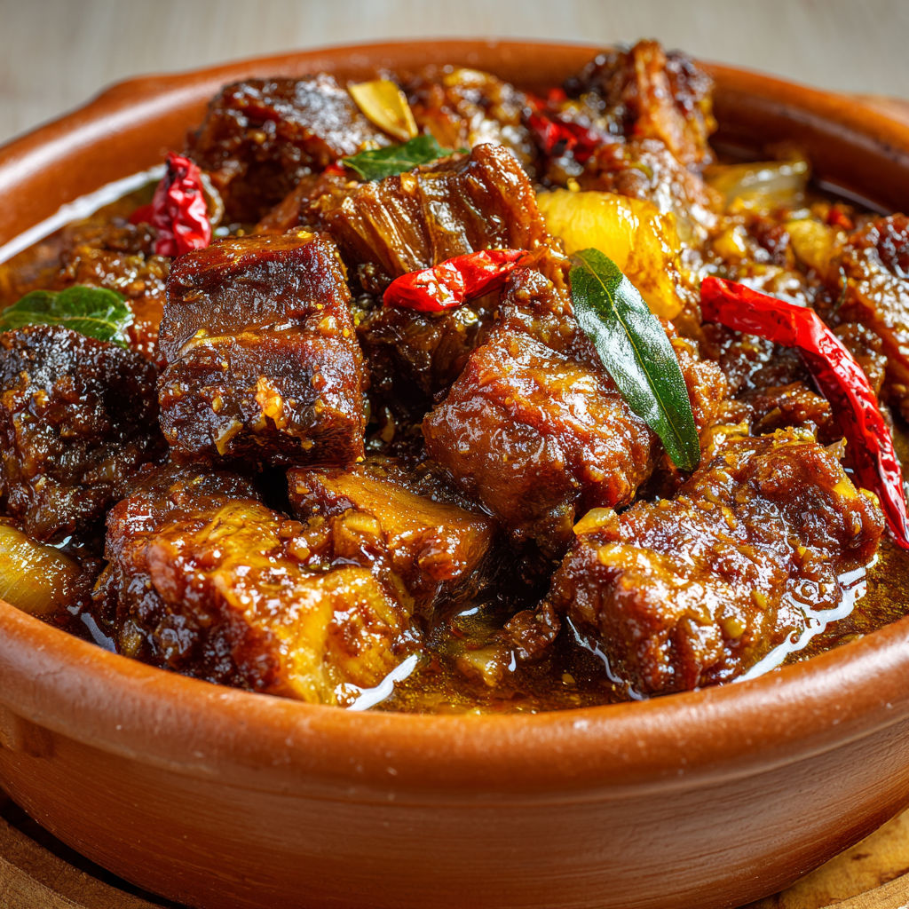 Porc mijoté créole aux épices et citron vert, sauce savoureuse et viande tendre.