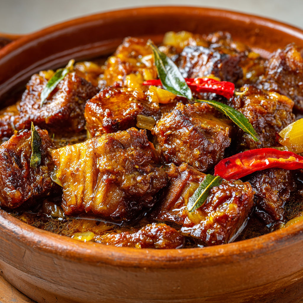 Porc longuement mijoté, piments, gingembre et herbes, pour un plat parfumé et chaleureux.